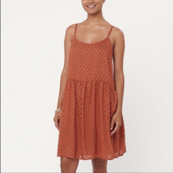 NWT Ann Taylor LOFT Dress Spaghetti Strap Swingy Flowy Swiss Polka Dot Rust XL - Picture 1 of 13